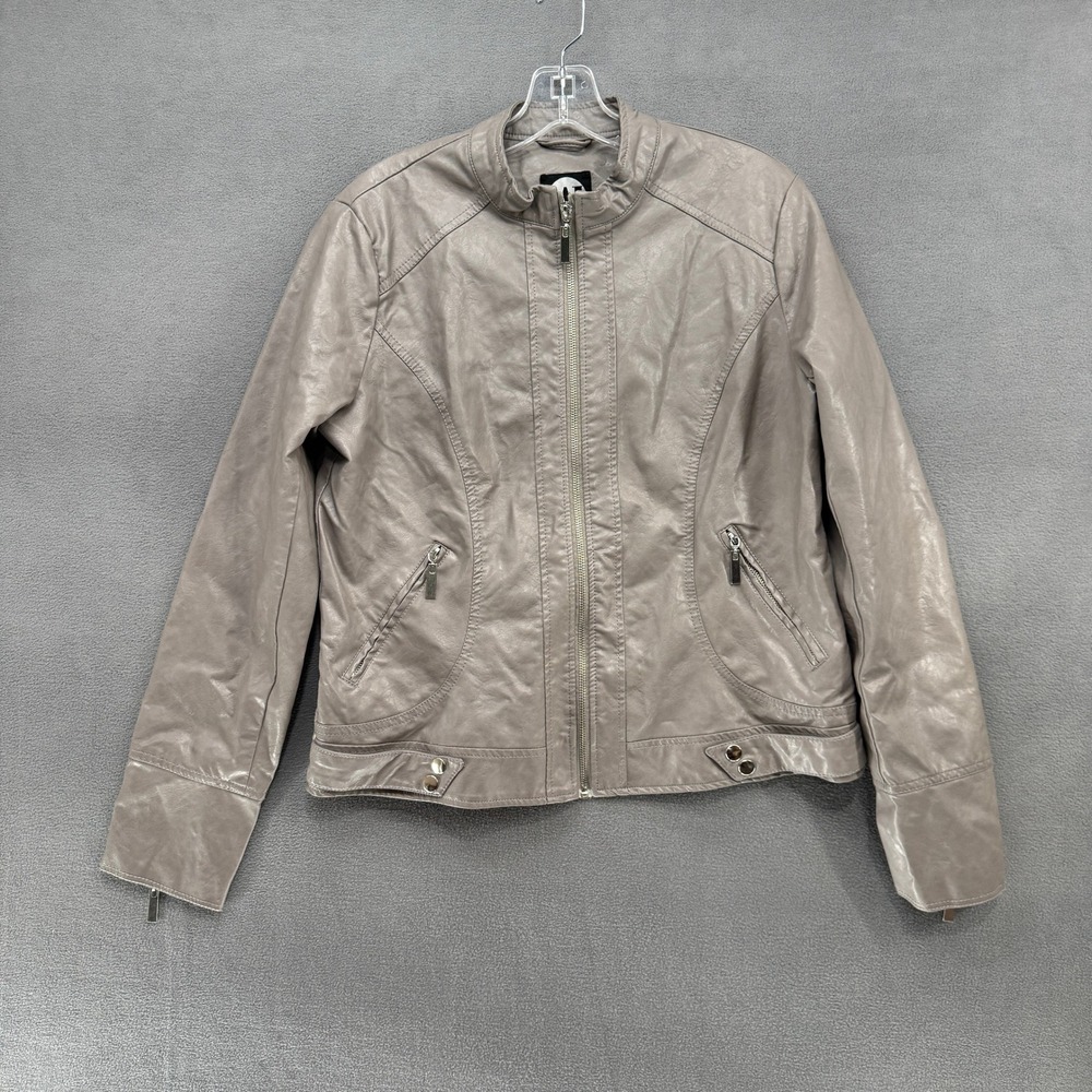 A&I Moto Jacket Womens Faux Leather Taupe Gray Stand Collar Size L Full Zip